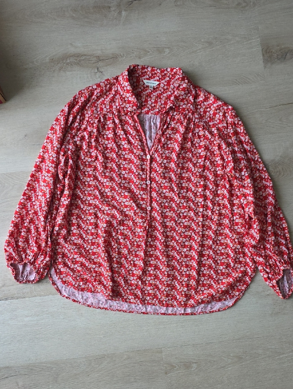 Max Studio Red Floral Partial Button-Front Blouse